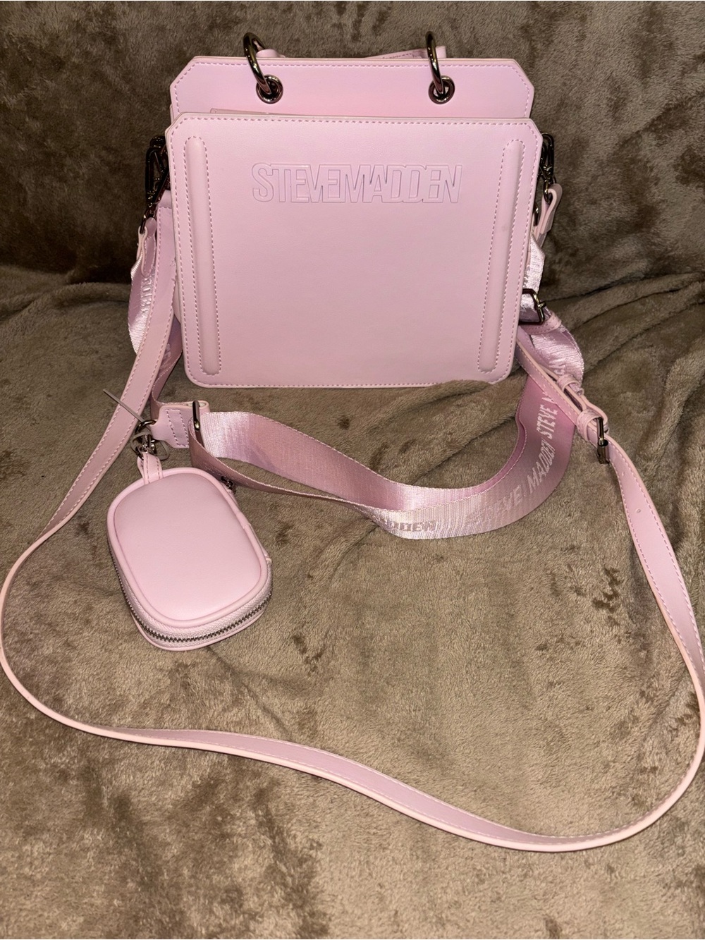 Steve Madden Pink Box Crossbody Bag Set Multi Pouch Logo Strap